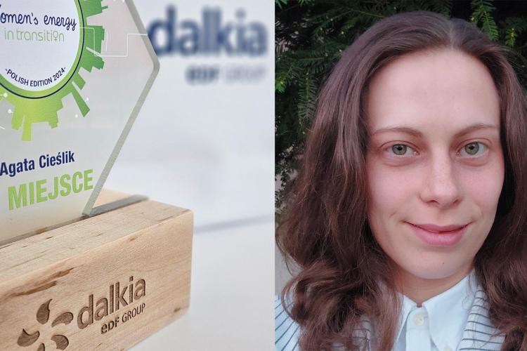 Na zdjęciu statuetka za zajęcie III miejsca w konkursie Women's Energy in Transition oraz laureatka tego miejsca -Agata Cieślik