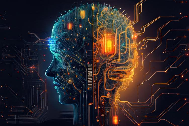 Na grafice głowa człowieka z zaznaczonymi połączeniami elektronicznymi