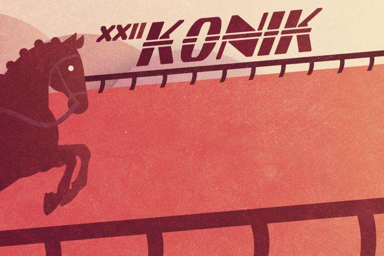Grafika z koniem i tekstem, zapowiadająca XXII Targi Kół Naukowych i Organizacji Studenckich KONIK