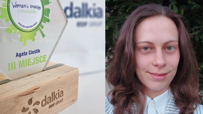 Na zdjęciu statuetka za zajęcie III miejsca w konkursie Women's Energy in Transition oraz laureatka tego miejsca -Agata Cieślik