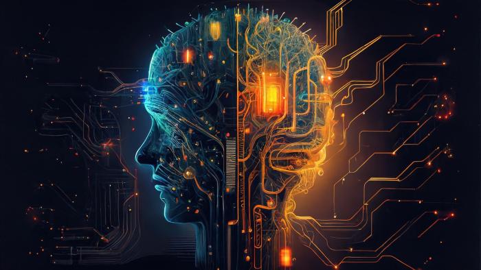 Na grafice głowa człowieka z zaznaczonymi połączeniami elektronicznymi