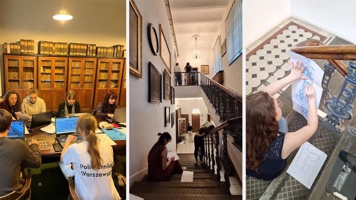 Na zdjęciu studenci Koła Naukowego Architektury Rodzimej WAPW w trakcie inwentaryzacji budynku Głównej Biblioteki Lekarskiej