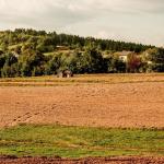 Na zdjęciu wiejski krajobraz: na pierwszym planie pole, w tle ciągnik, las i dom